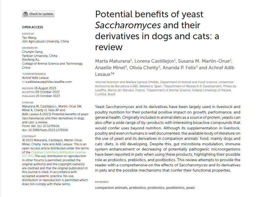 Potential benefits of yeast Saccharomyces and their derivatives in dogs and cats: a review.