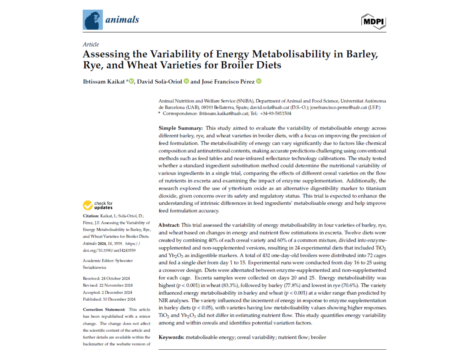 Assessing the Variability of Energy Metabolisability in Barley, Rye, and Wheat Varieties for Broiler Diets