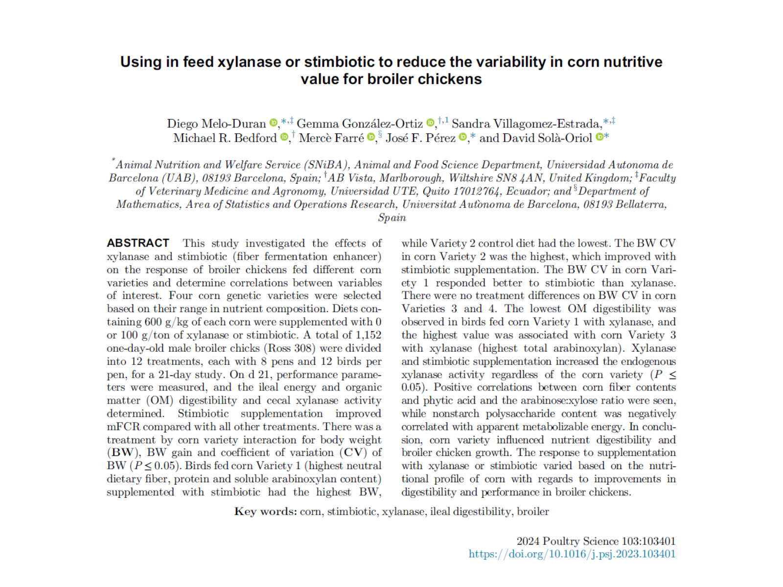 Using in feed xylanase or stimbiotic to reduce the variability in corn nutritive value for broiler chickens