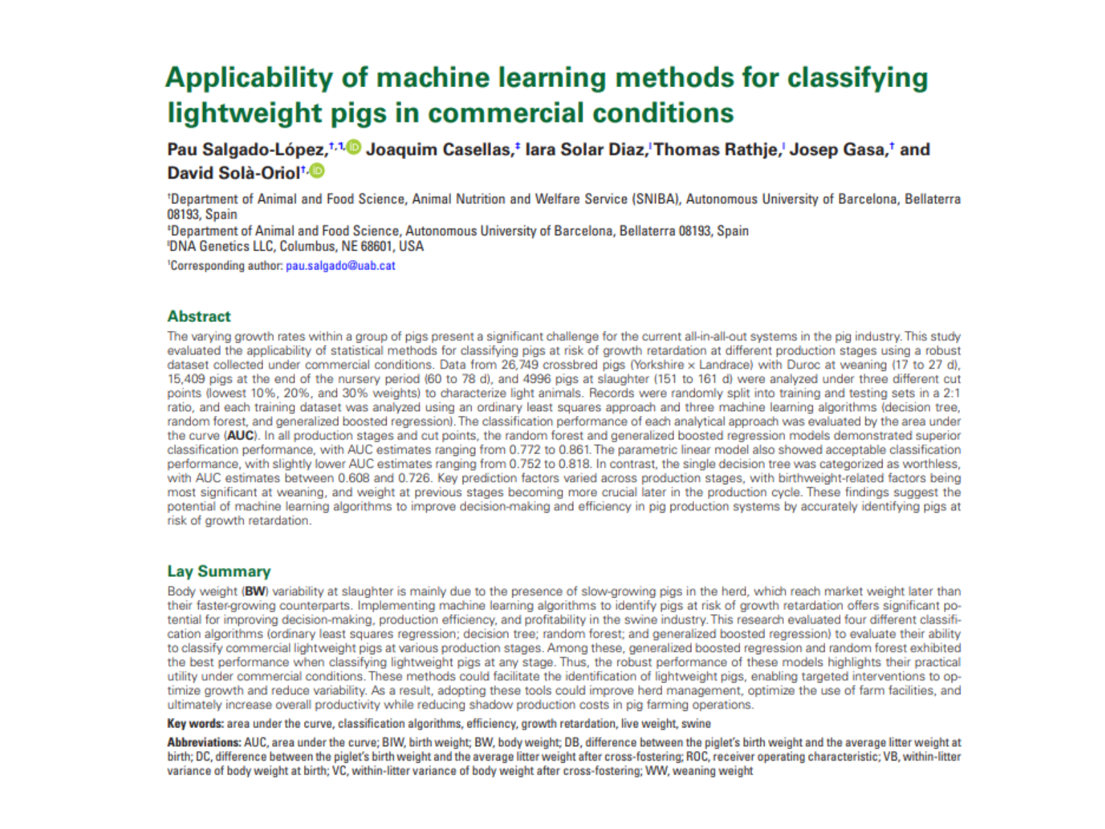Applicability of machine learning methods for classifying lightweight pigs in commercial conditions