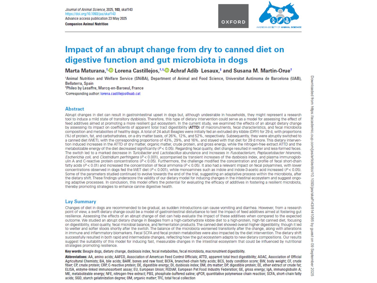 Impact of an abrupt change from dry to canned diet on digestive function and gut microbiota in dogs