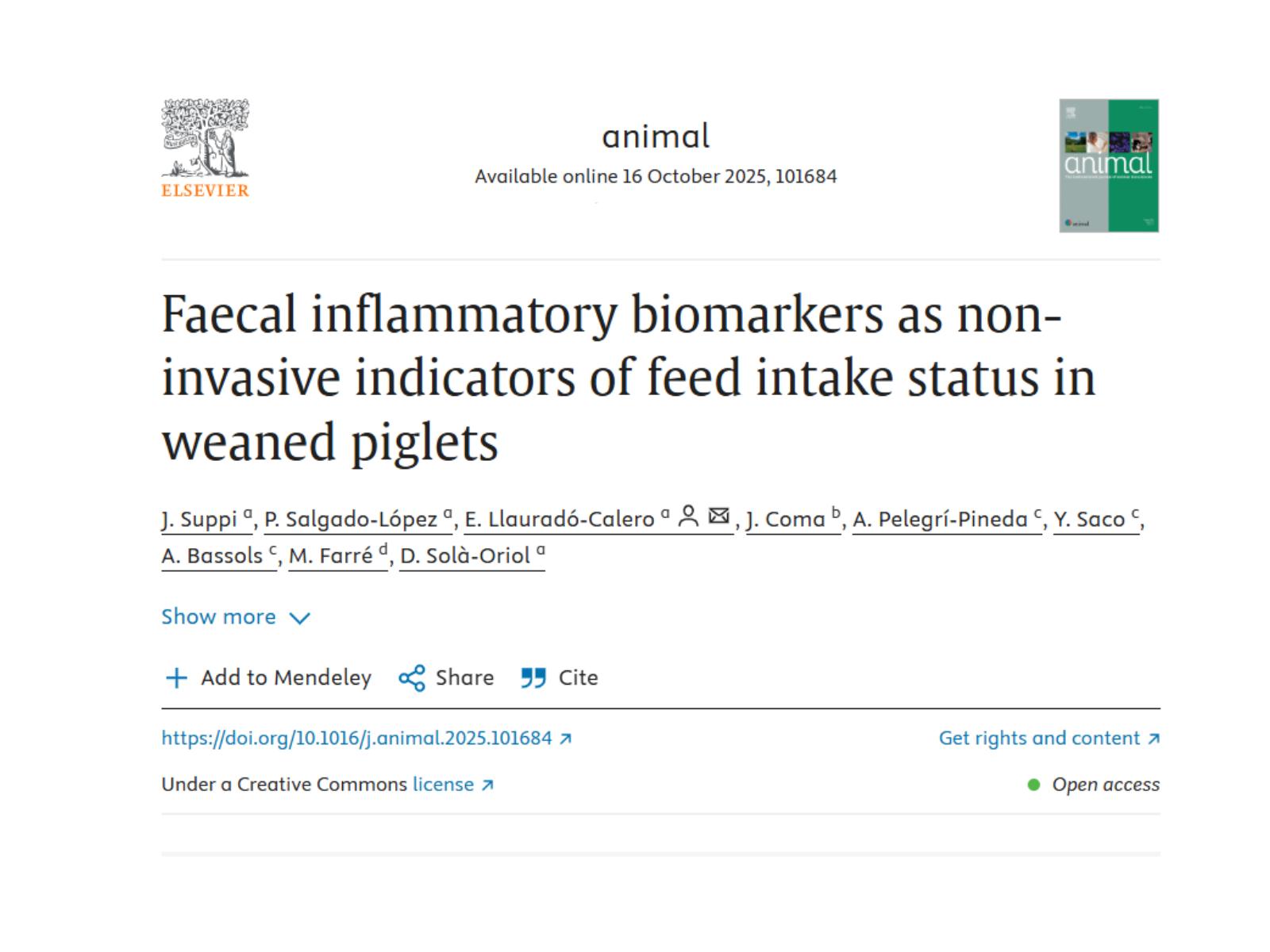 Faecal inflammatory biomarkers as non-invasive indicators of feed intake status in weaned piglets