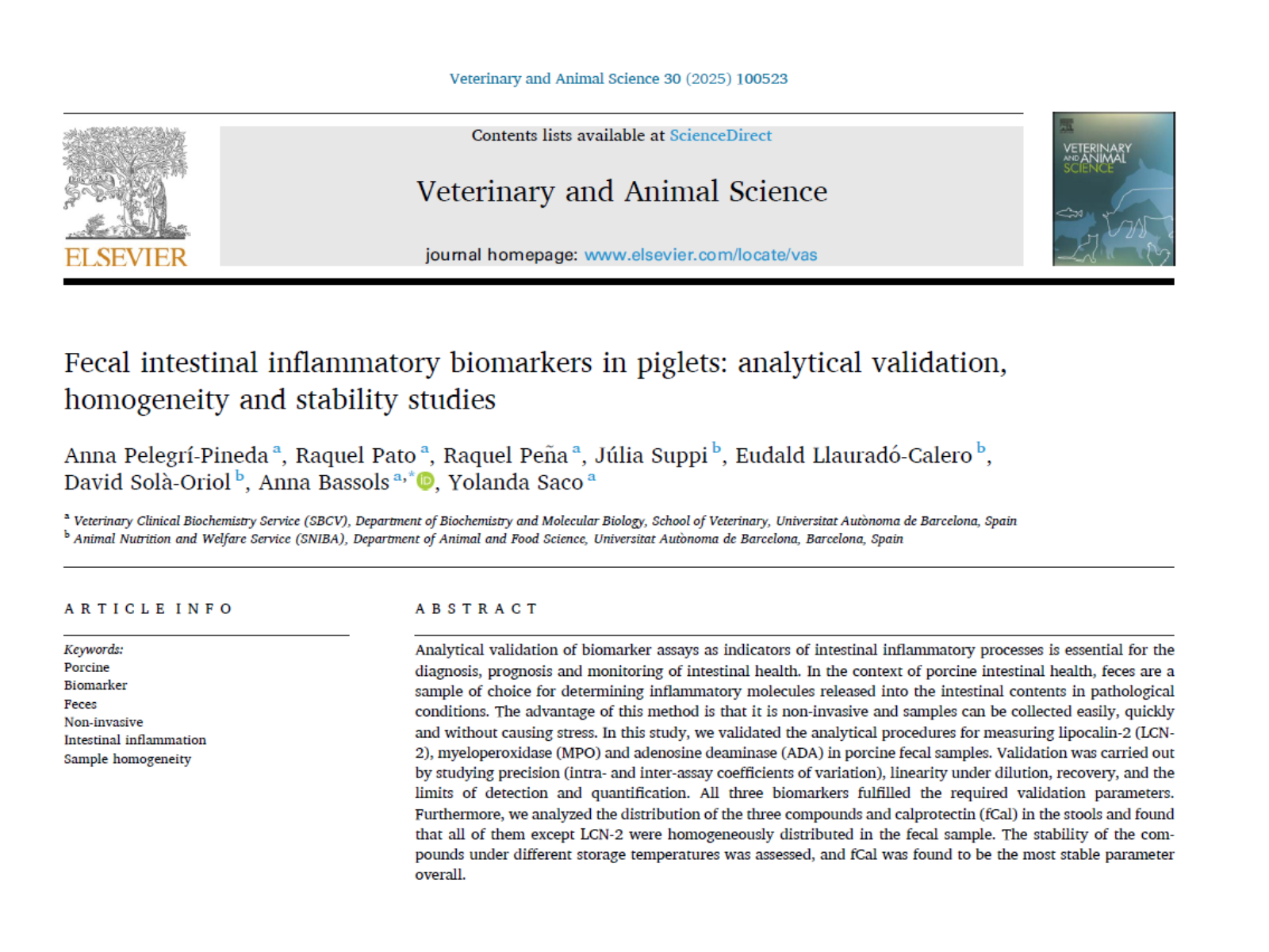 Fecal intestinal inflammatory biomarkers in piglets: analytical validation, homogeneity and stability studies