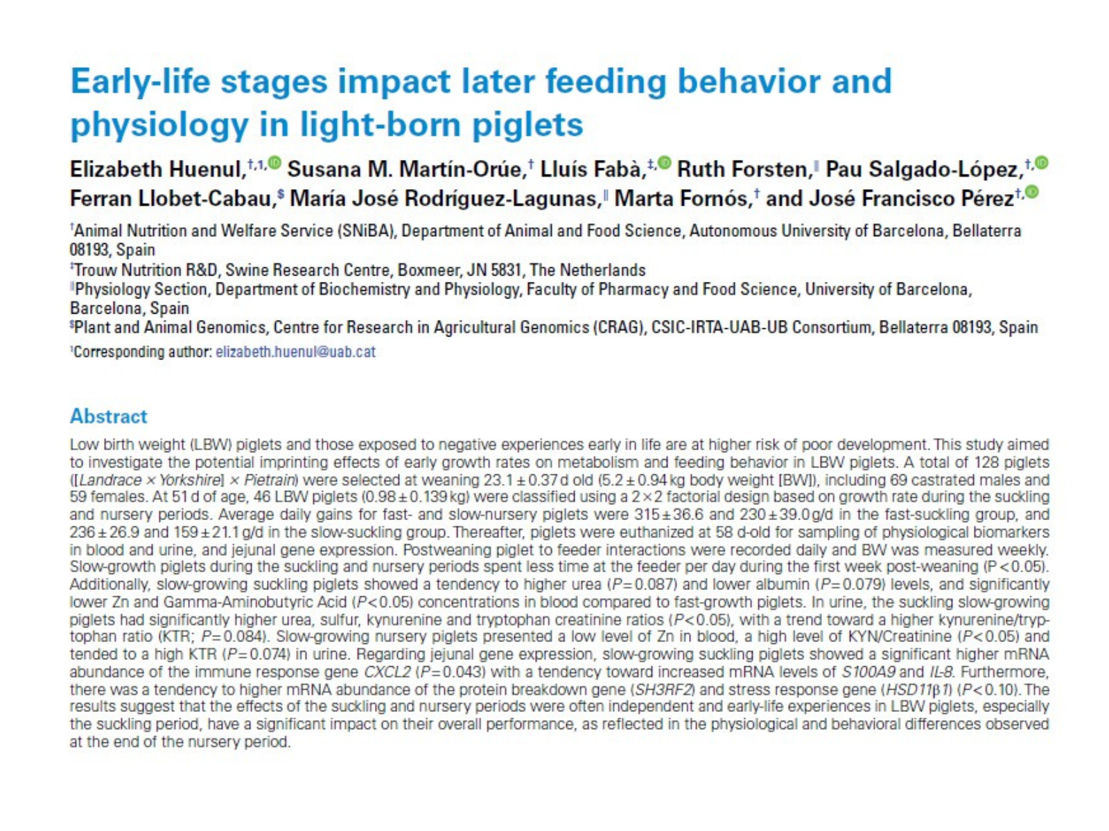 Early-life stages impact later feeding behavior andphysiology in light-born piglets
