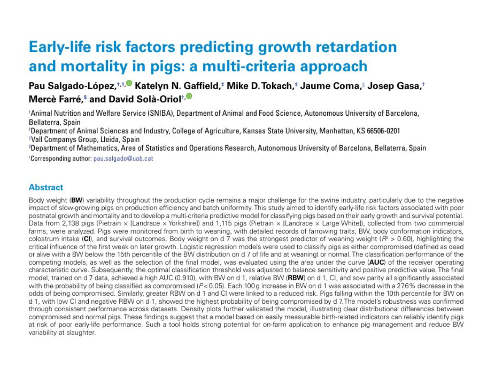 Early-life risk factors predicting growth retardation and mortality in pigs: a multi-criteria approach