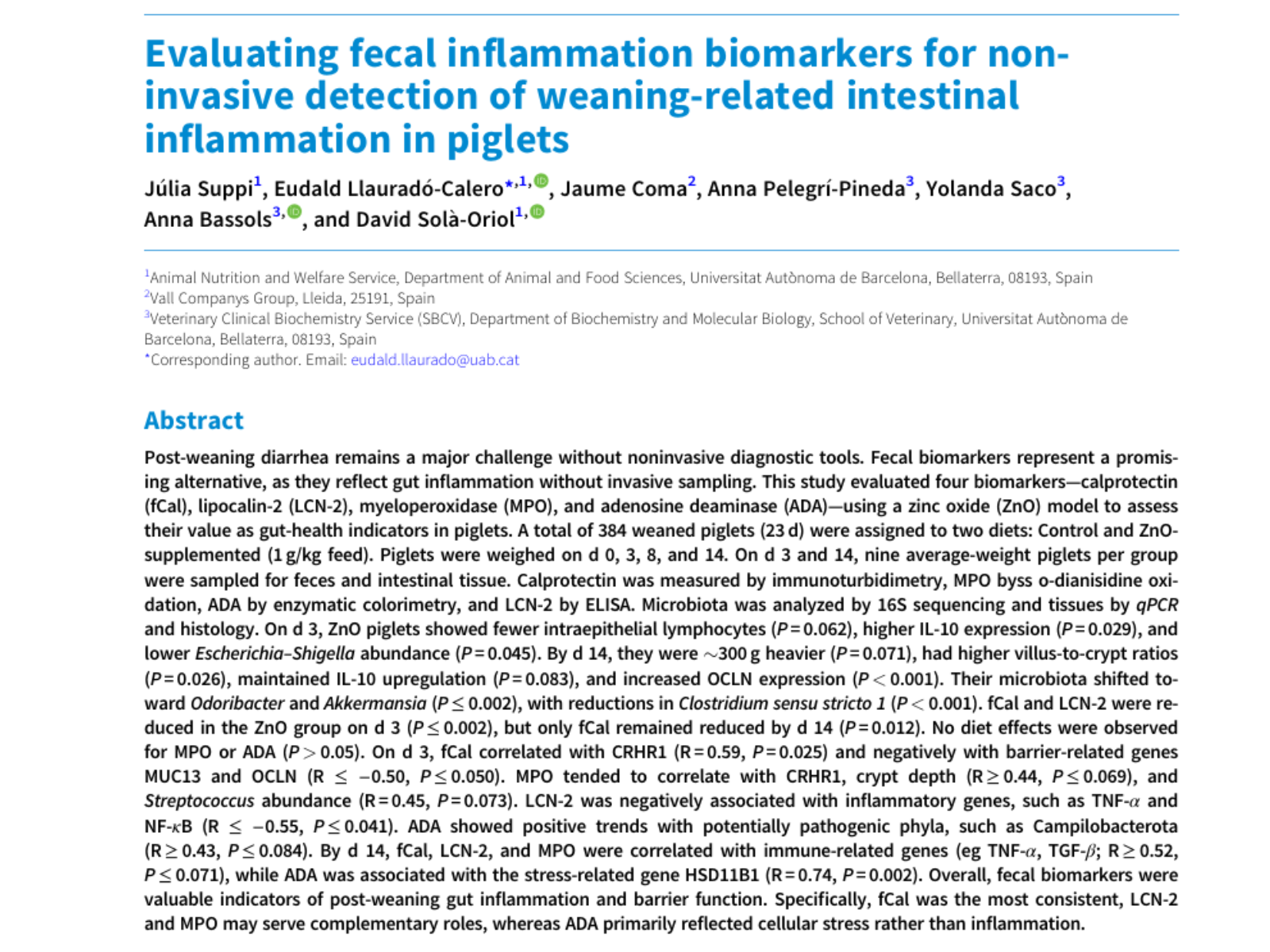 Evaluating fecal inflammation biomarkers for non-invasive detection of weaning-related intestinal inflammation in piglets