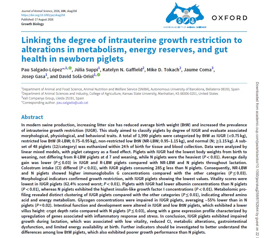 Linking the degree of intrauterine growth restriction to alterations in metabolism, energy reserves, and gut health in newborn piglets